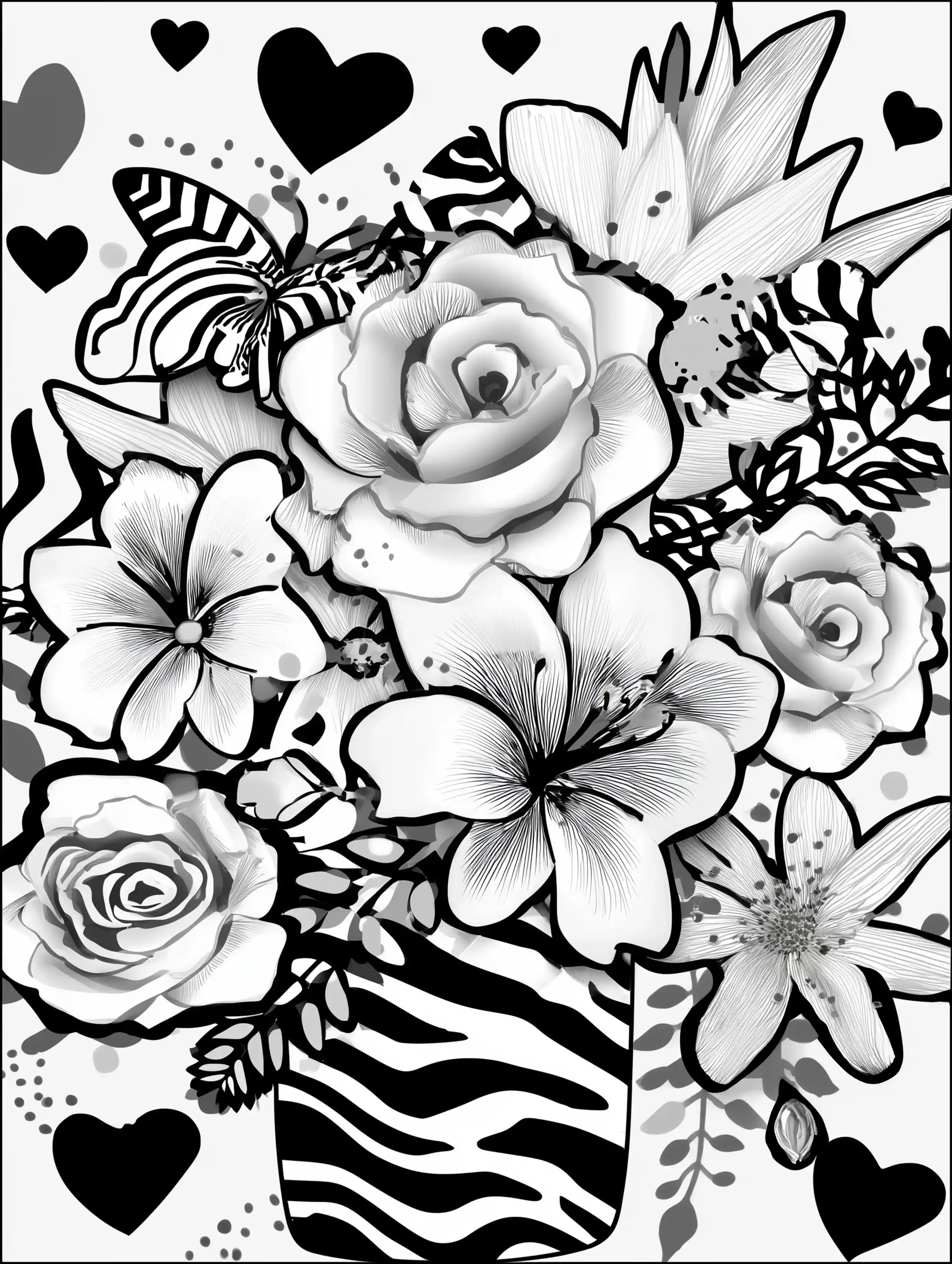 Free printable coloring pages floral featuring lots of flowers in a textured vase